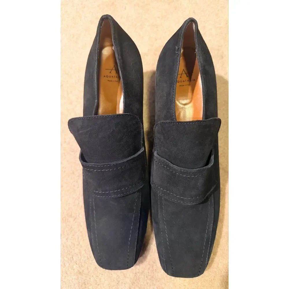 Aquatalia Black Suede Block Heel Loafer Pumps Women’s Size 12 Made in Italy